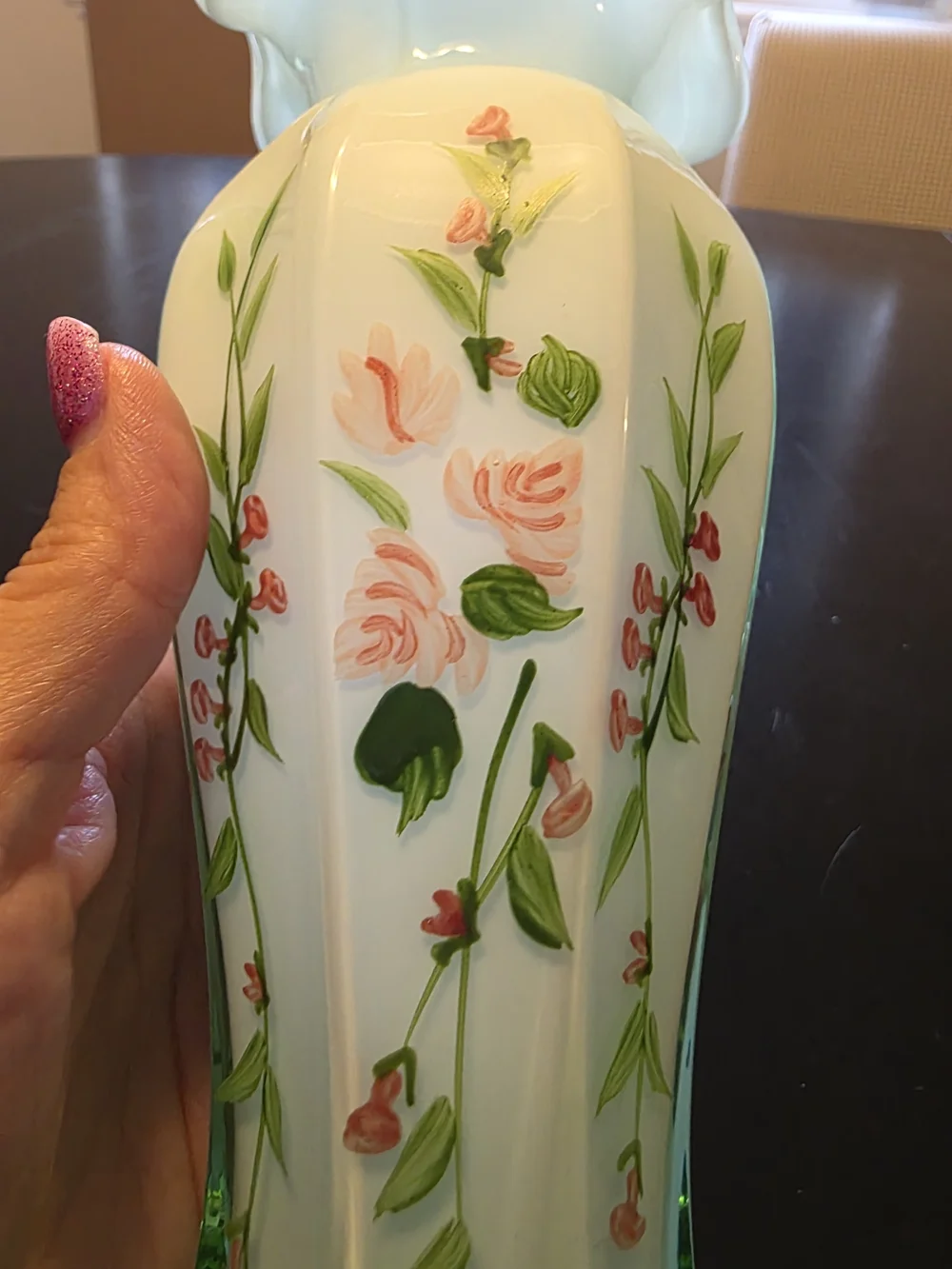 Fenton Opaline Green Cased Glass Ruffle Vintage Floral Hand Painted Roses Vase